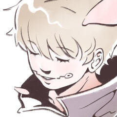 chibi drawing of a person with shoulder-length dark hair, wearing a blue jacket and a green frog hat. They are holding peace signs and smiling.