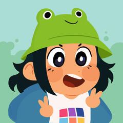 chibi drawing of a person with shoulder-length dark hair, wearing a blue jacket and a green frog hat. They are holding peace signs and smiling.