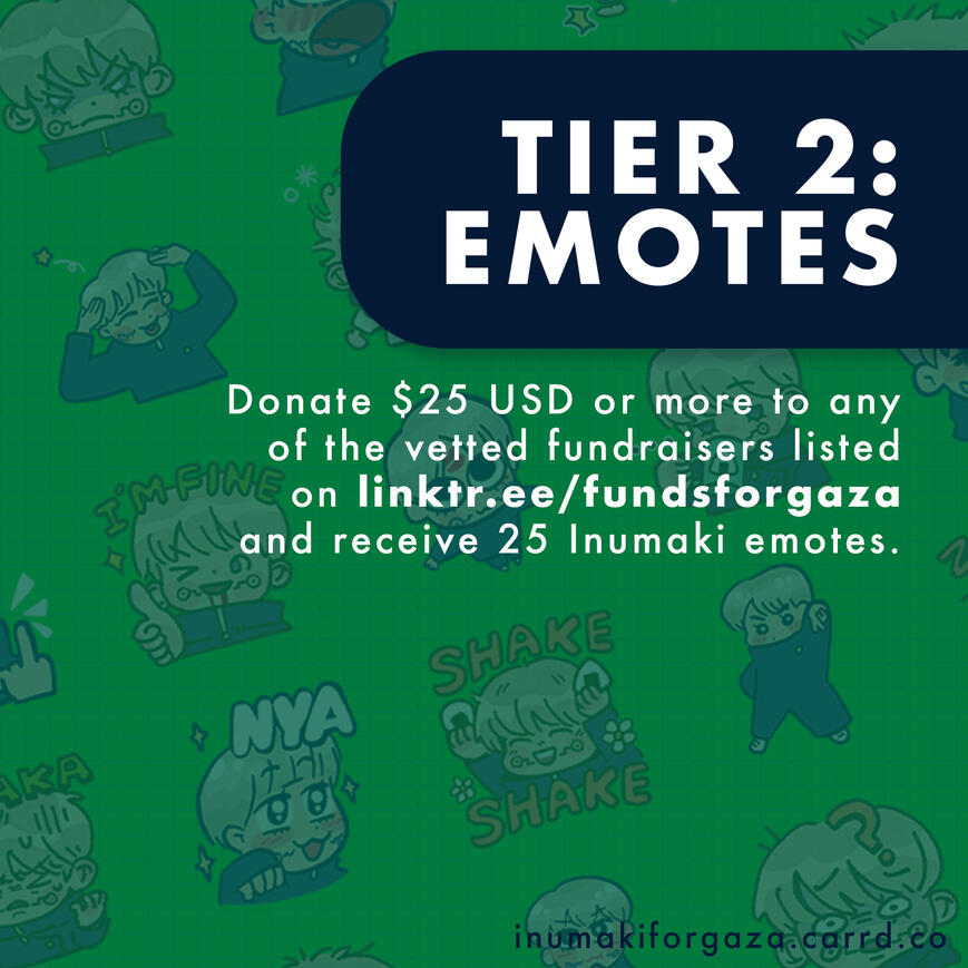 Graphic reading: [Tier 2: Emotes. Donate $25 USD or more to Care for Gaza and receive 25 Inumaki emotes.] Behind the text are low opacity previews of different Inumaki emotes, displaying a variety of silly emotions.